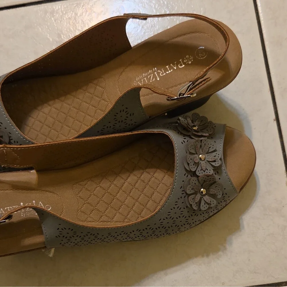 Patrizia Blue Slingback Open Toe Block Heel Buckle Sandals Flower 42